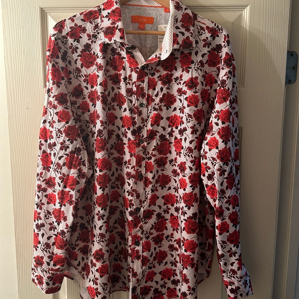 Men's Slim-Fit No-Iron Performance Stretch White Rose Print Dress Shirt